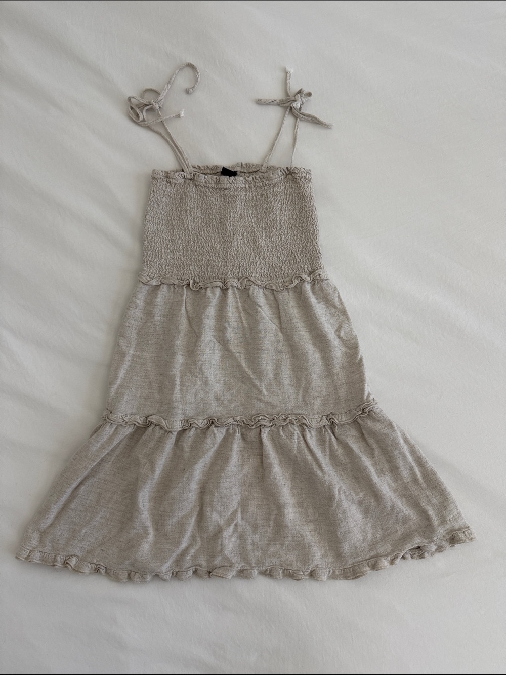 Beige Smocked linen blend Sundress with Tie Straps